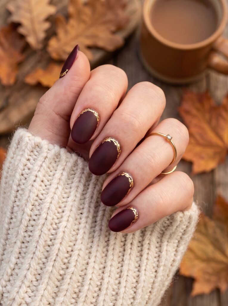 Matte Deep Burgundy Gold Foil Nails — Garnet Nails 2027