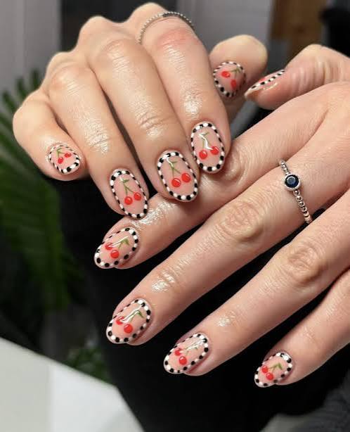 Cherry Border Checkered Medium Ovals Cherry Border Checkered Medium Ovals — Cherry Red Nails 2027