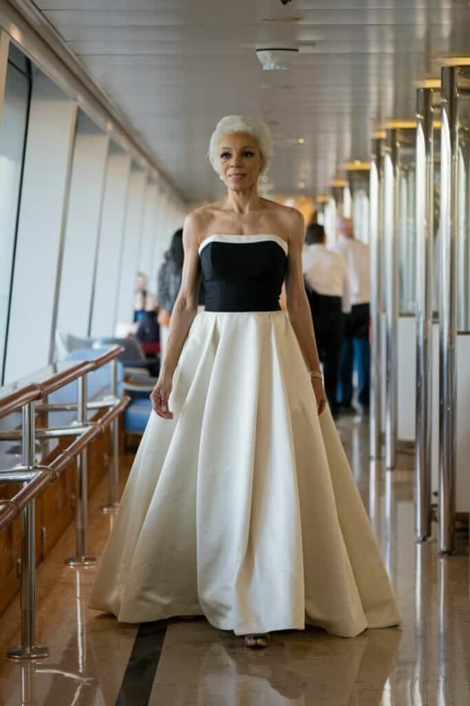Black Strapless Bodice with Ivory Ballgown Skirt for a Glamorous Cruise Look Black Strapless Bodice with Ivory Ballgown Skirt for a Glamorous Cruise Look — Cruise Dinner Dress 2027