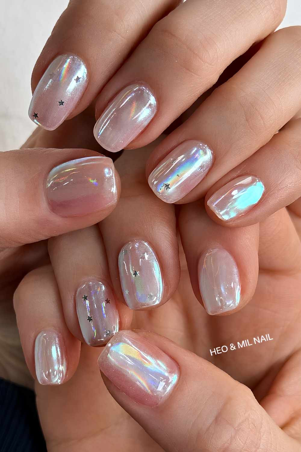 Holographic Stars on Milky Pink Holographic Stars on Milky Pink — Holographic Foil Nails 2027