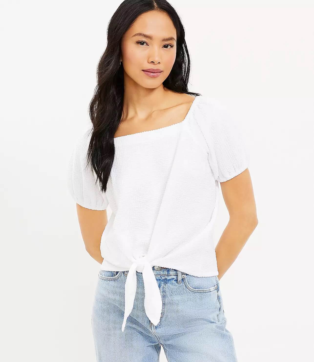 Textured White Square Neck Crop Top with Tie Front and Denim Textured White Square Neck Crop Top with Tie Front and Denim — Summer Crop Top Outfits 2027
