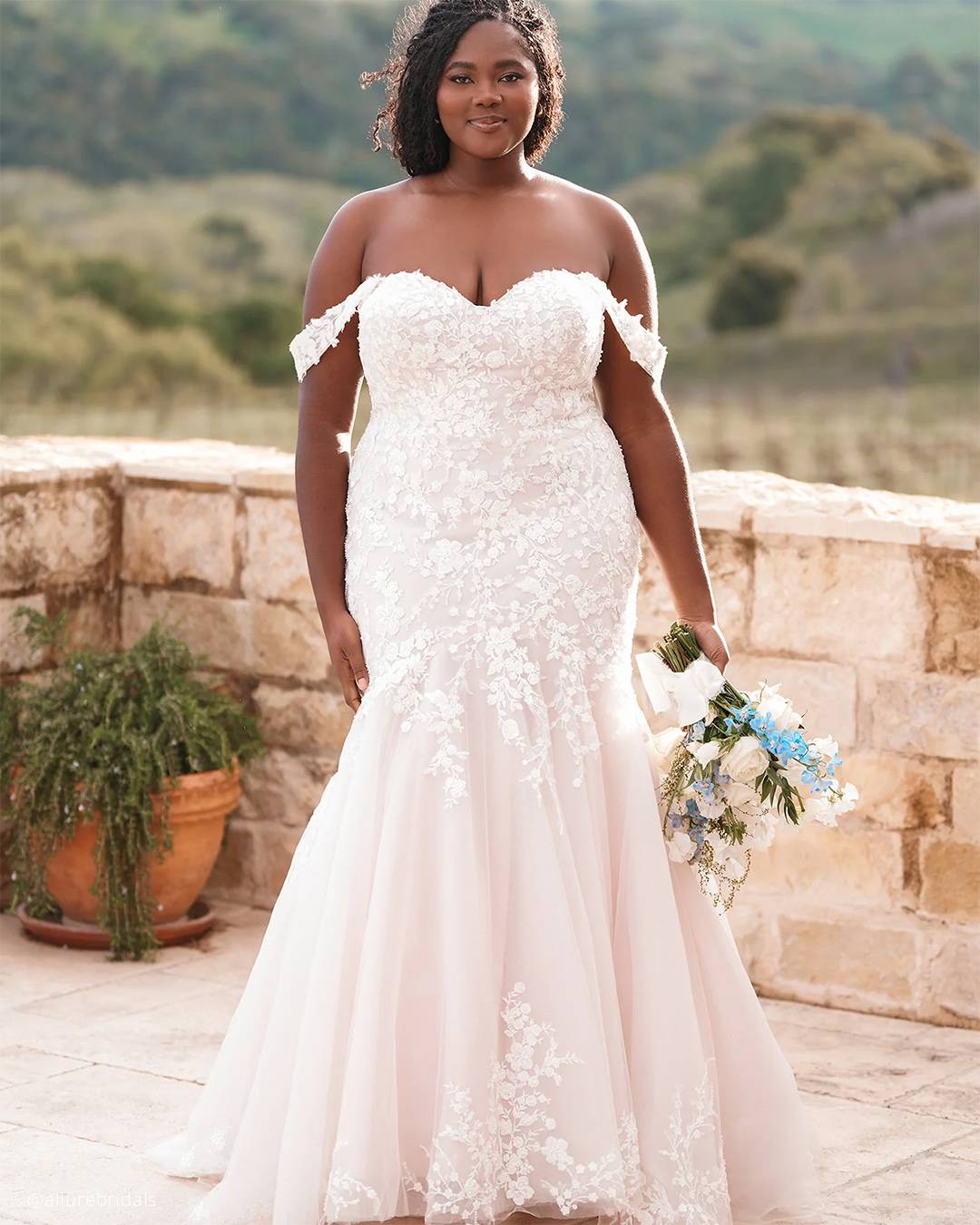 Blush Pink Off-the-Shoulder Lace Wedding Gown — Curvy Dresses 2027