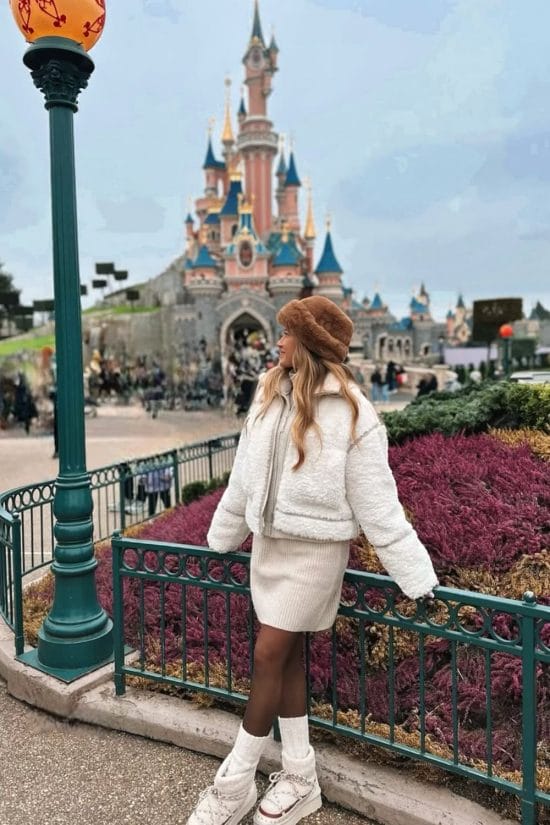 Cream Teddy Fleece Jacket and Furry Hat — Disney Winter Outfits 2027