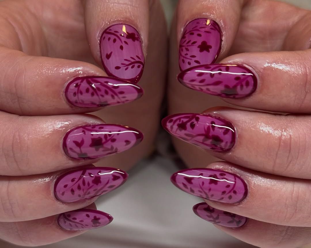 Dark Purple Floral And Vine Pattern Visual Idea — Winter Purple Nails 2027