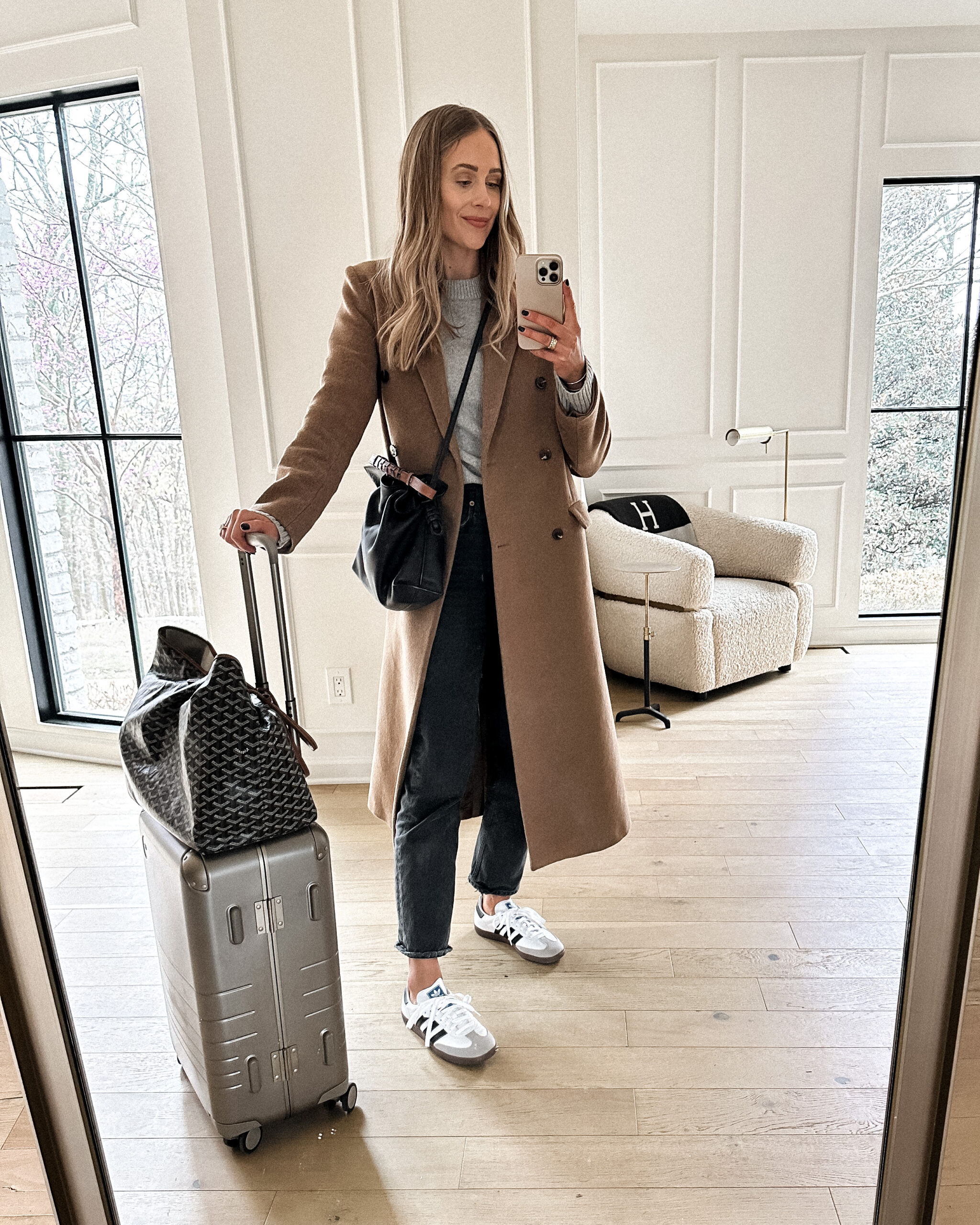 Long Brown Coat and Grey Sweater with Straight-Leg Jeans and Adidas Samba Long Brown Coat and Grey Sweater with Straight-Leg Jeans and Adidas Samba — Adidas Samba Spring Outfits 2027