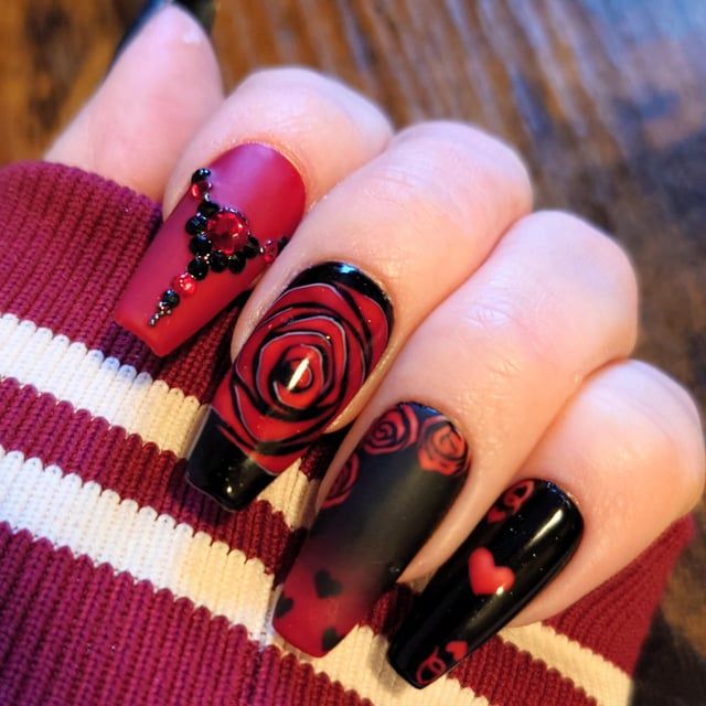 Matte Red Glossy Black Red Accents Visual Idea Matte Red Glossy Black Red Accents Visual Idea — Valentines Press On Nails 2027