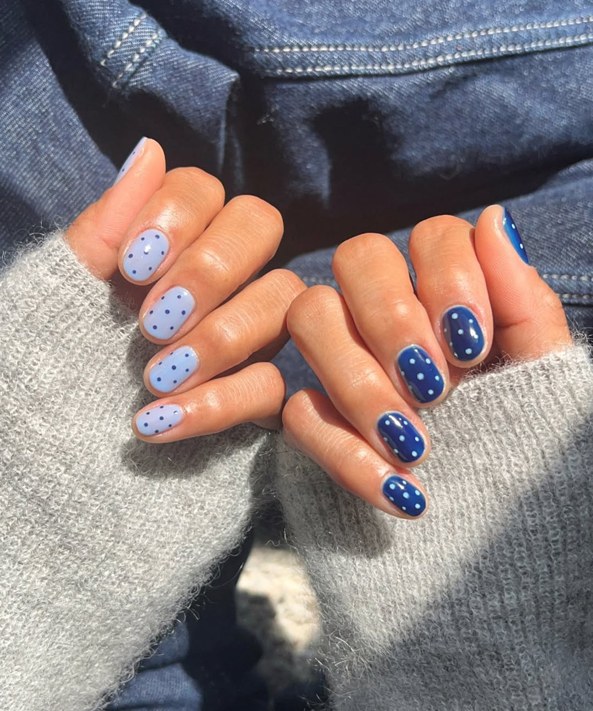 Short Oval Blue Color Block Dots Short Oval Blue Color Block Dots — Polka Dot Nails 2027