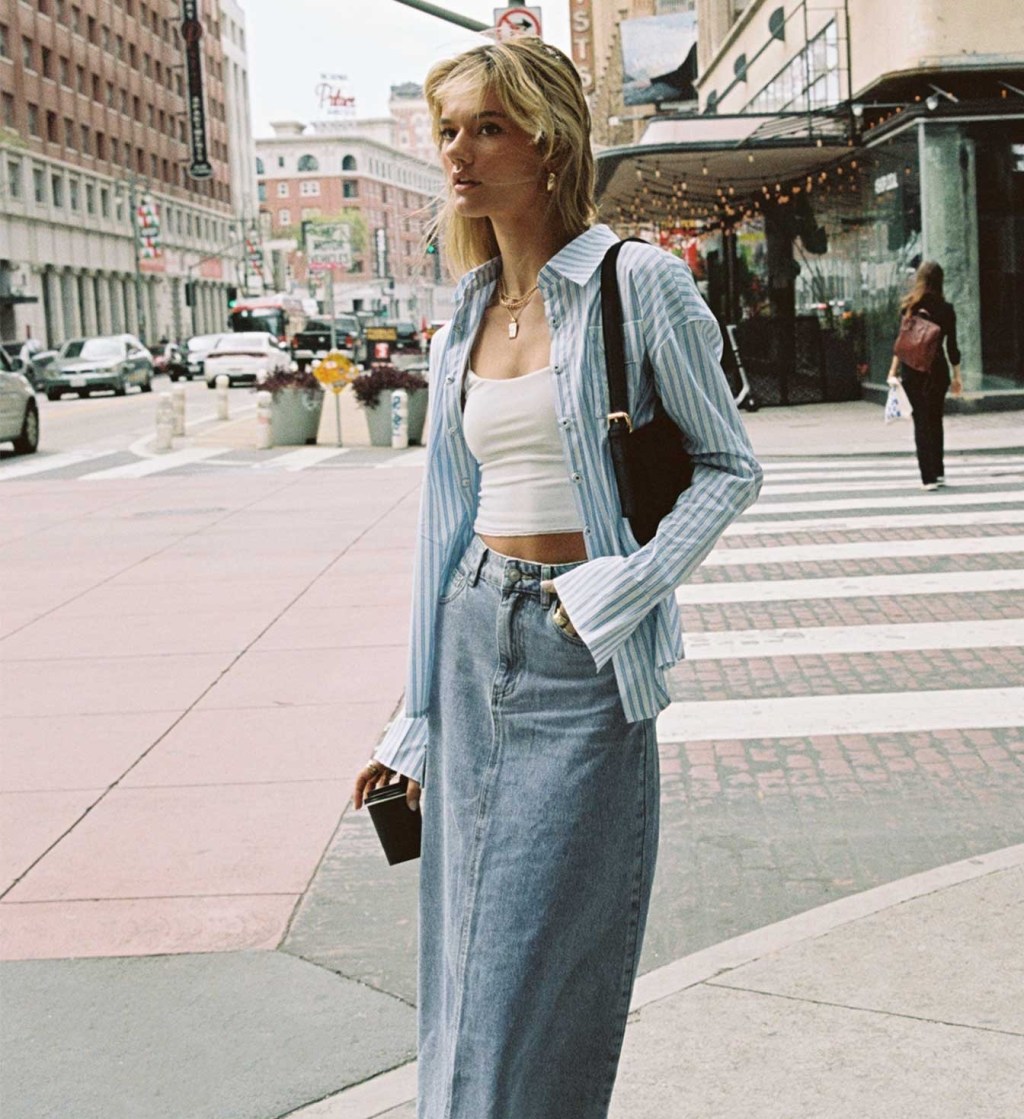 Casual Denim Midi Skirt with a Striped Shirt Ensemble — Sip and See Outfits 2027