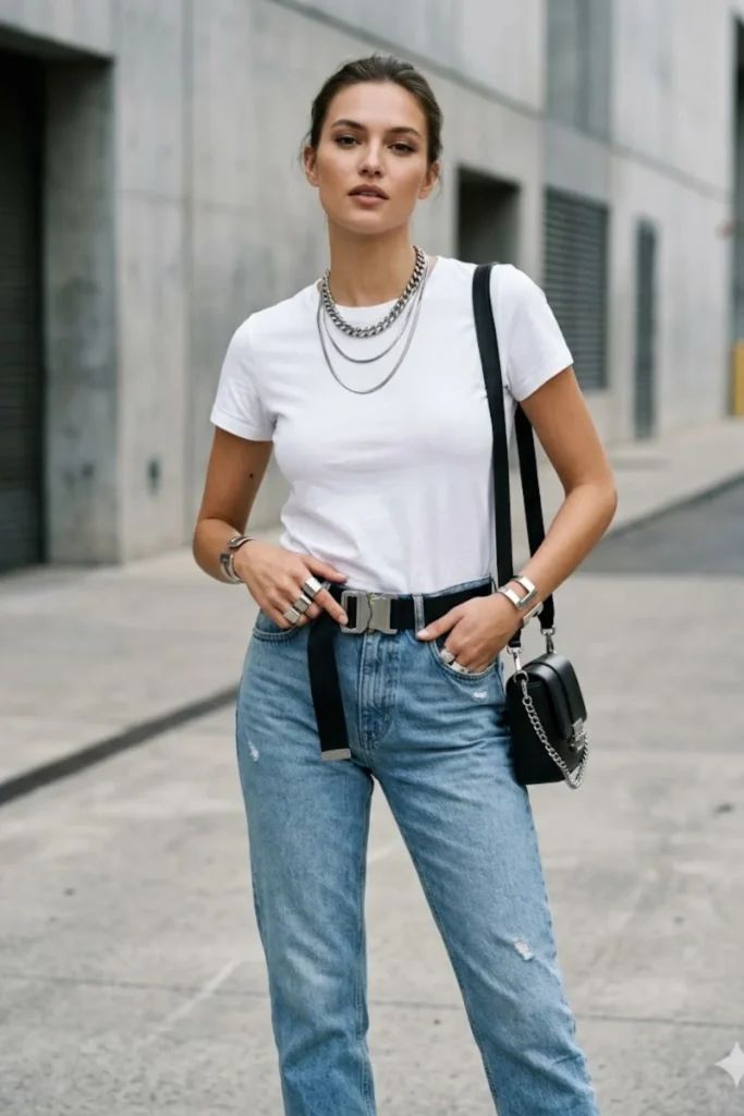 Minimalist T-Shirt and Jeans with a Large Silver Buckle Belt Minimalist T-Shirt and Jeans with a Large Silver Buckle Belt — Statement Belt Outfits 2027