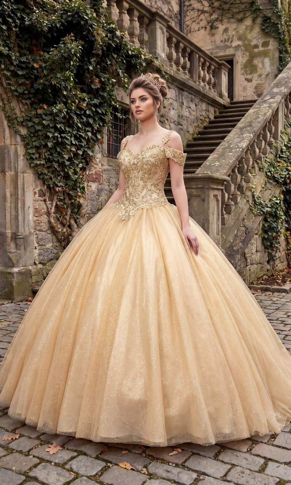 Not Visible Champagne Ballgown with Intricate Gold Embroidery and Beadwork — Champagne Quinceanera Dress 2027