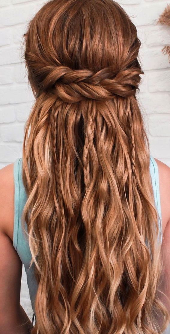 Braided Crown Auburn Highlights Braided Crown Auburn Highlights — Half Up Half Down Hairstyles 2027 with Weave