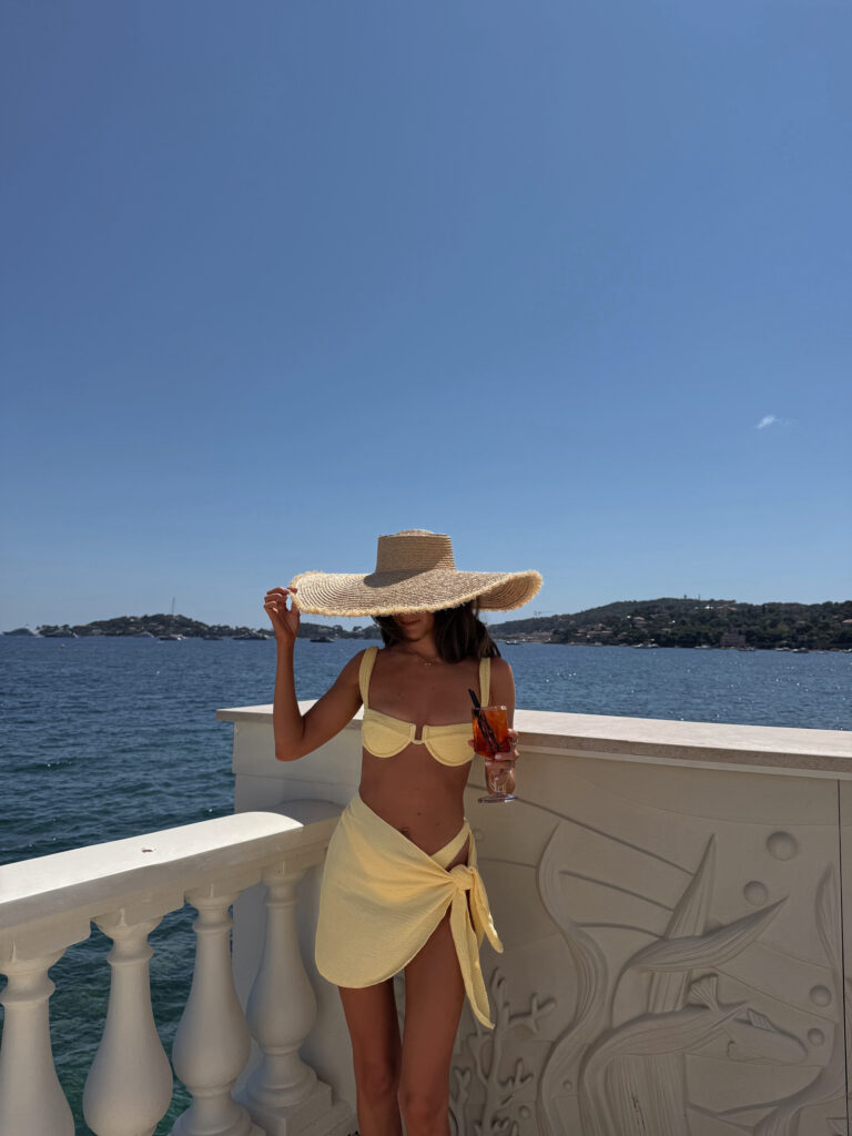 Yellow Bikini and Sarong Wrap with Oversized Hat — Spring Break Beach Outfits 2027