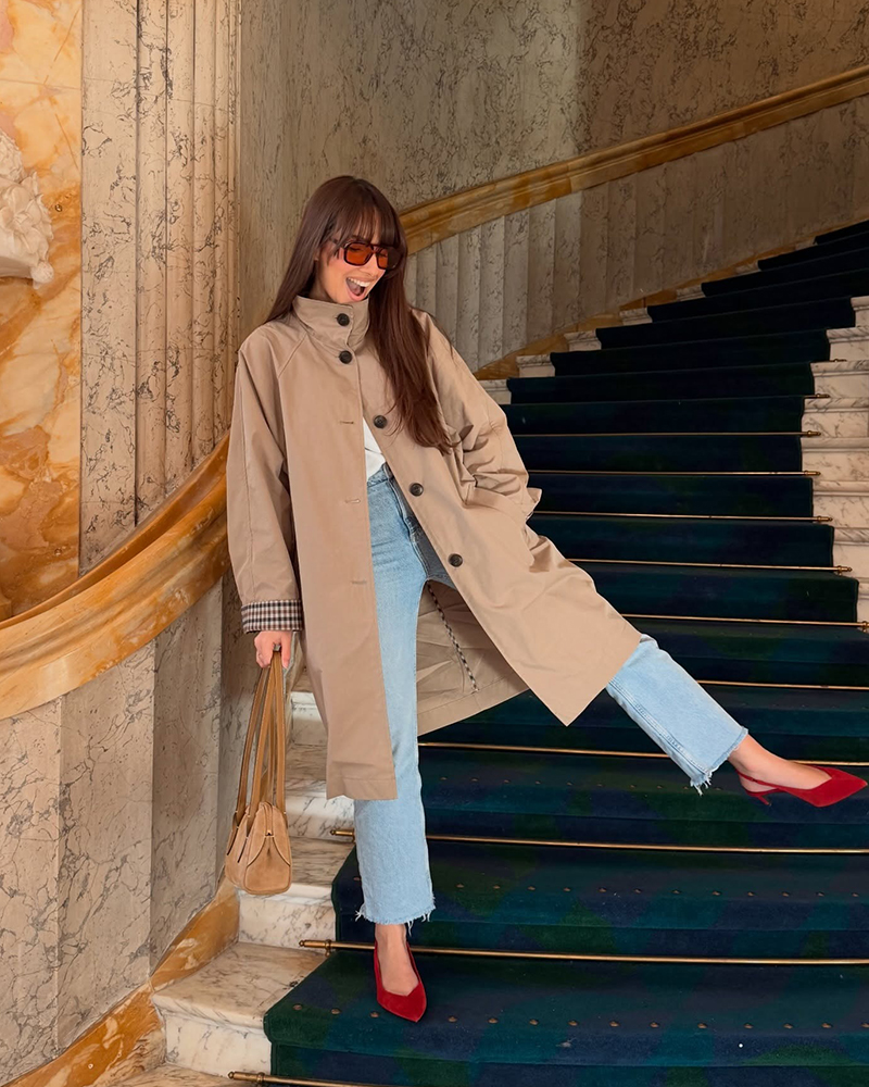 Tan Trench Coat with Red Pumps and Suede Bag — Spring Outfits 2027 with Trench Coat