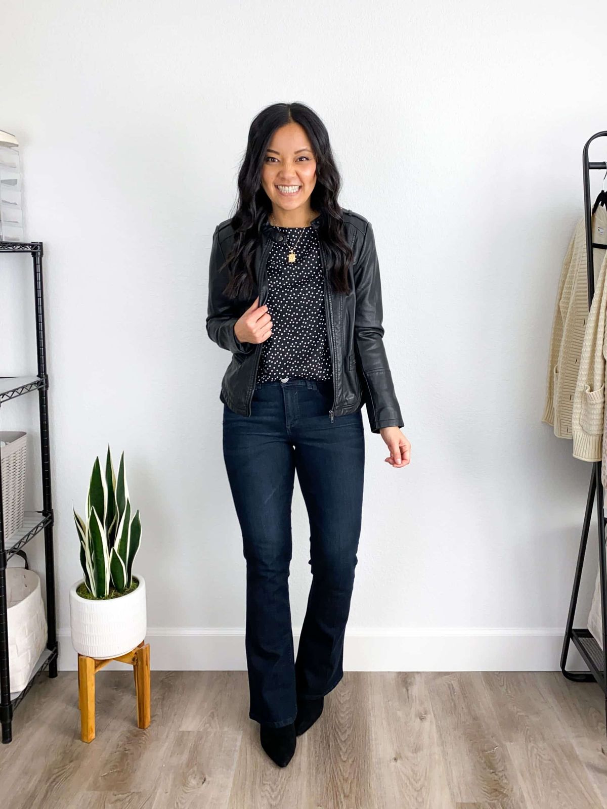 Dark Wash Slim Bootcut Jeans with Polka Dot Top and Leather Jacket — Black Bootcut Jeans Outfits 2027