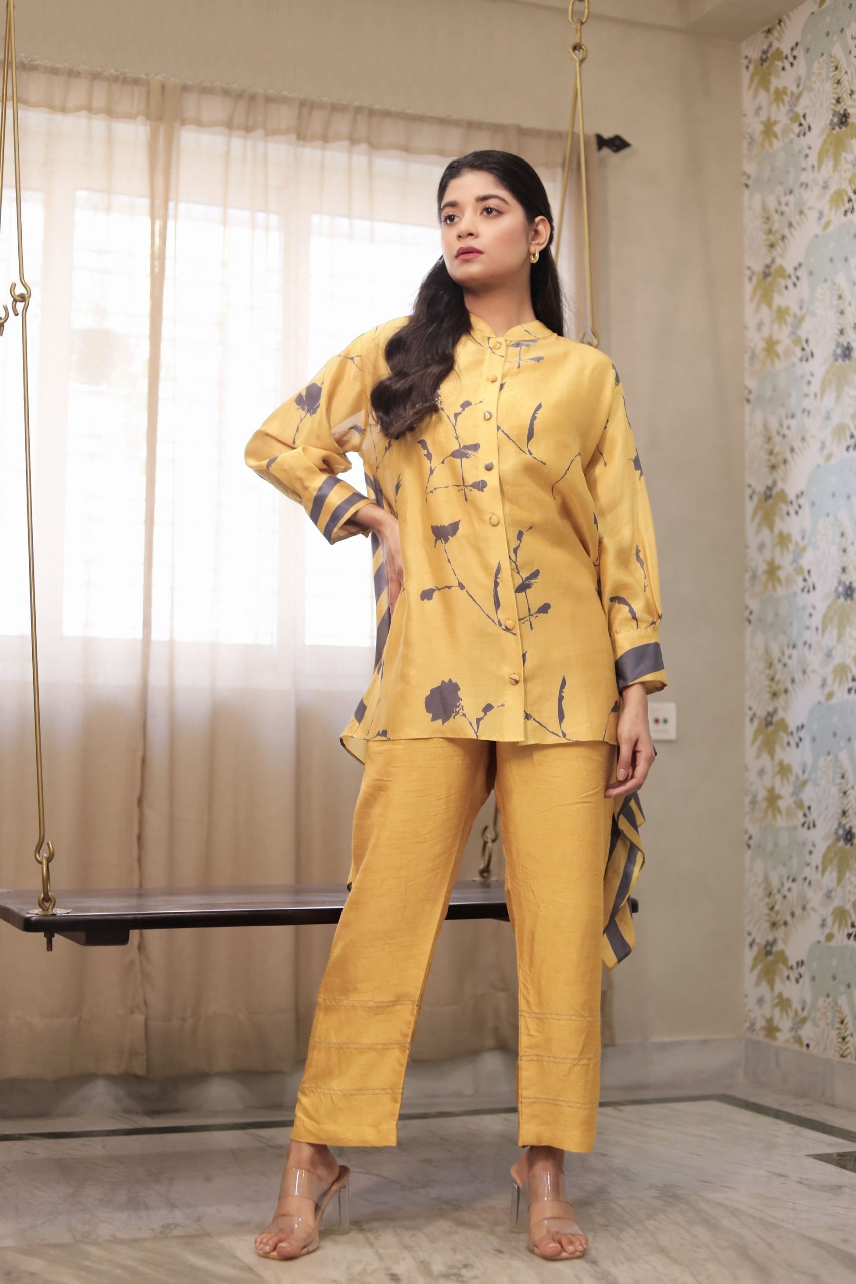 Mustard Yellow Printed Tunic Top with Wide-Leg Trousers — Mustard Outfits 2027