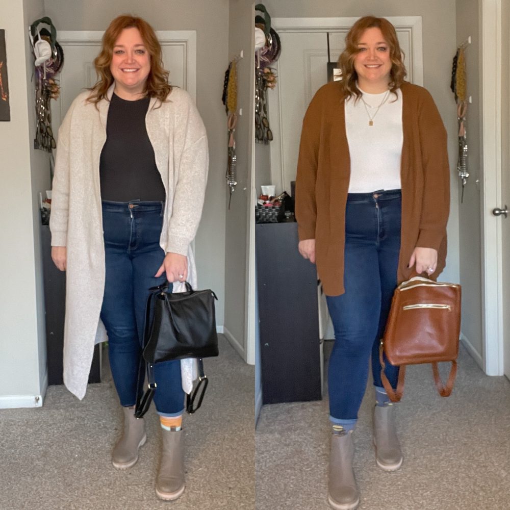 Casual Navy and White Striped T-Shirt Dress with Sweater — Curvy Outfits 2027