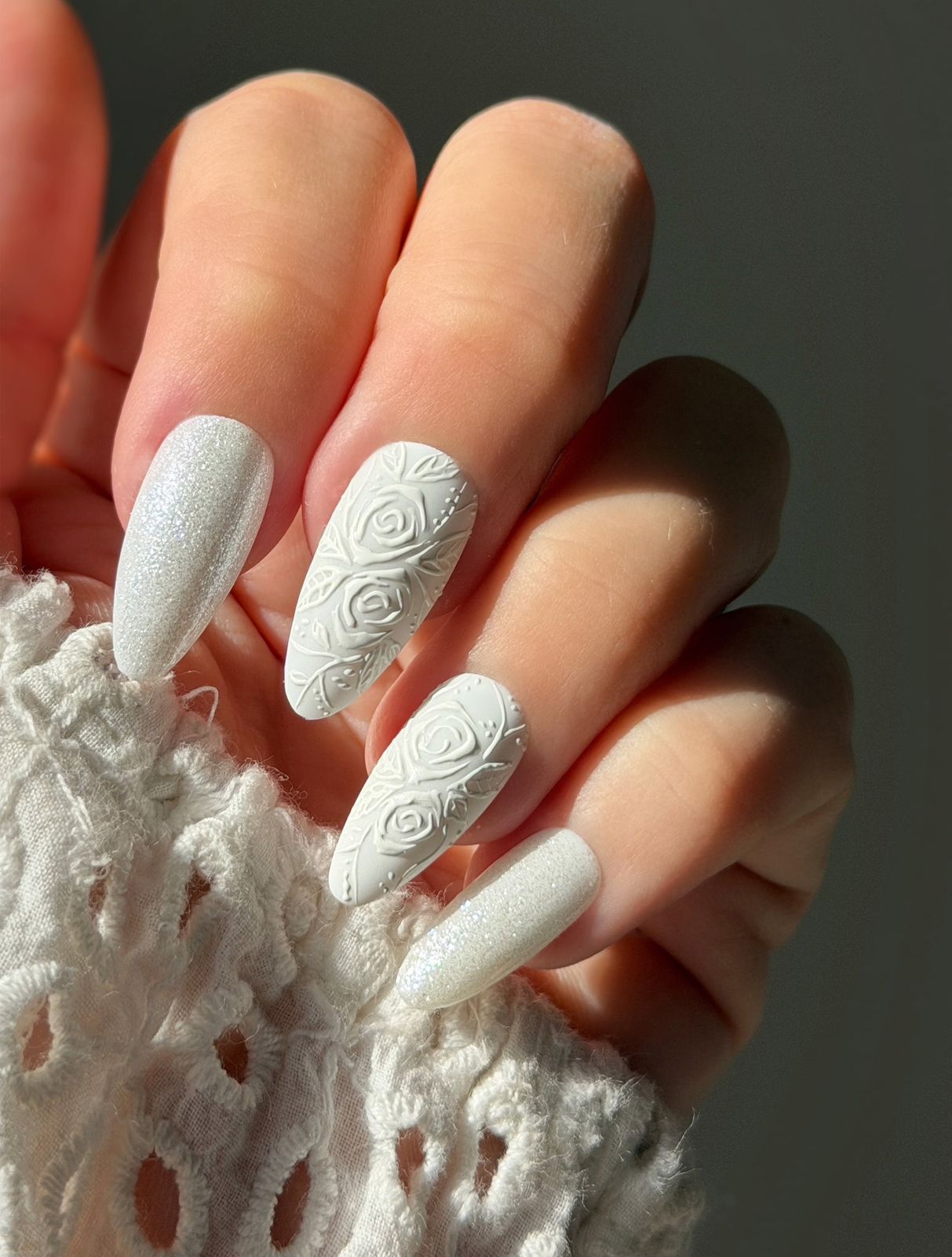 Milky White Matte Nails with 3D Roses Milky White Matte Nails with 3D Roses — Winter Formal Nails 2027