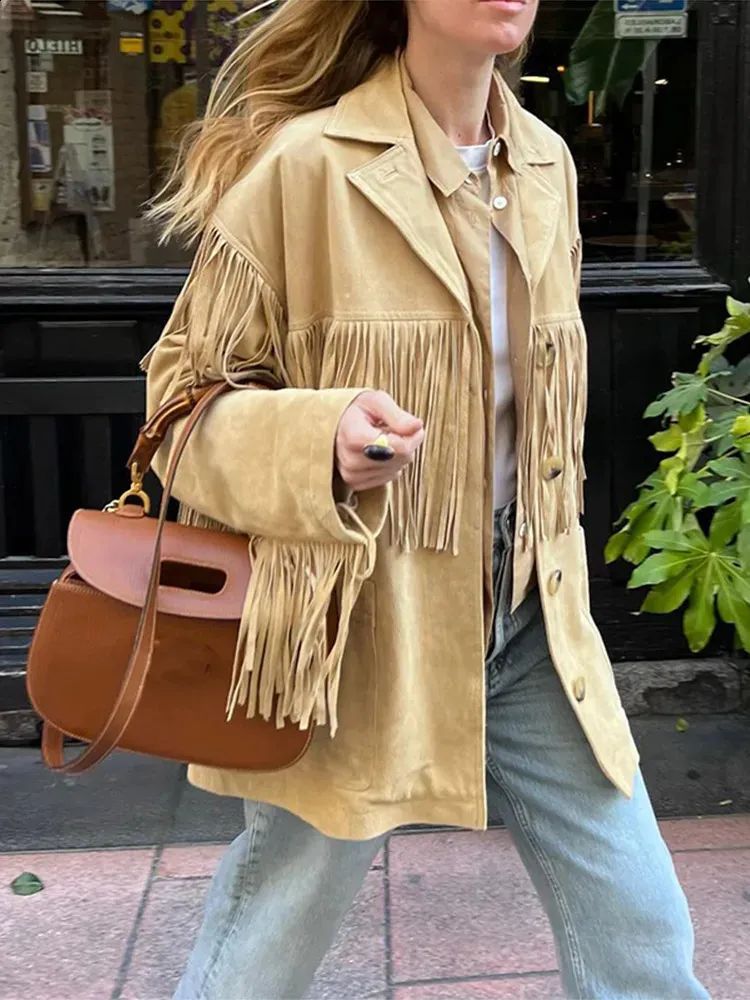 Relaxed Weekend: Beige Suede Fringe Jacket with Jeans and Loafers Relaxed Weekend: Beige Suede Fringe Jacket with Jeans and Loafers — Fringe Jacket Outfits 2027