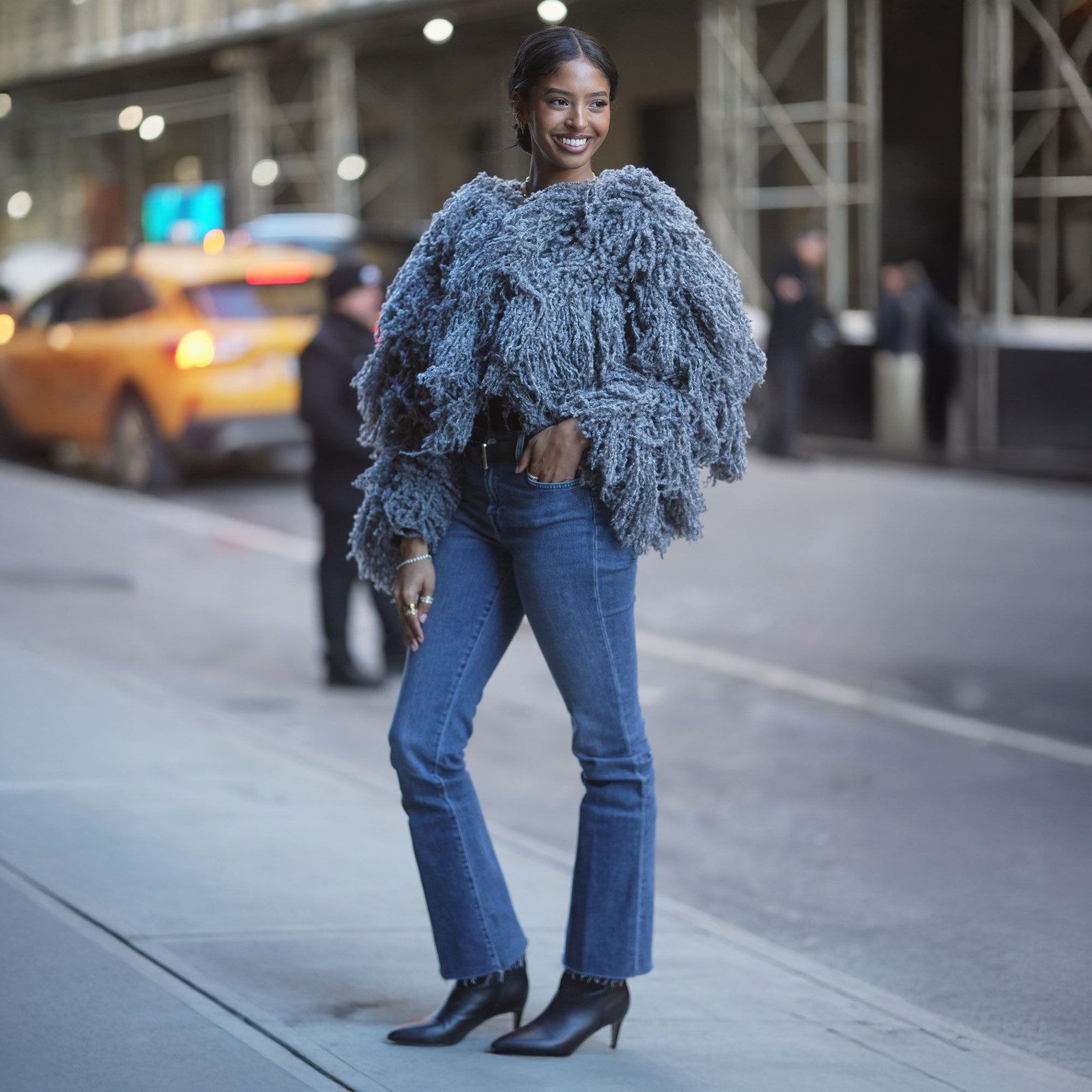 Blue Bootcut Jeans with a Grey Knit Cropped Jacket — Work Bootcut Jeans Outfits 2027