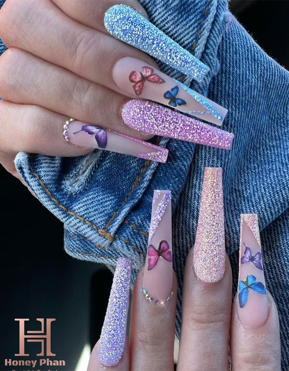 Pastel Glitter Butterfly Nails Pastel Glitter Butterfly Nails — Long Butterfly Coffin Nails 2027
