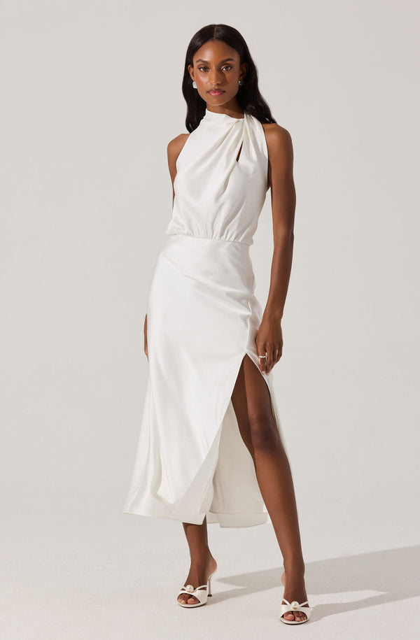 Sophisticated Ivory Satin Draped Halter Midi — Bridal Shower Dresses 2027
