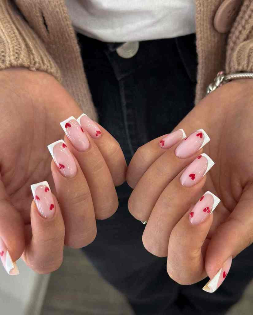 Short Pink French Tip Red Heart Accent Nails Short Pink French Tip Red Heart Accent Nails — Short Heart Coffin Nails 2027