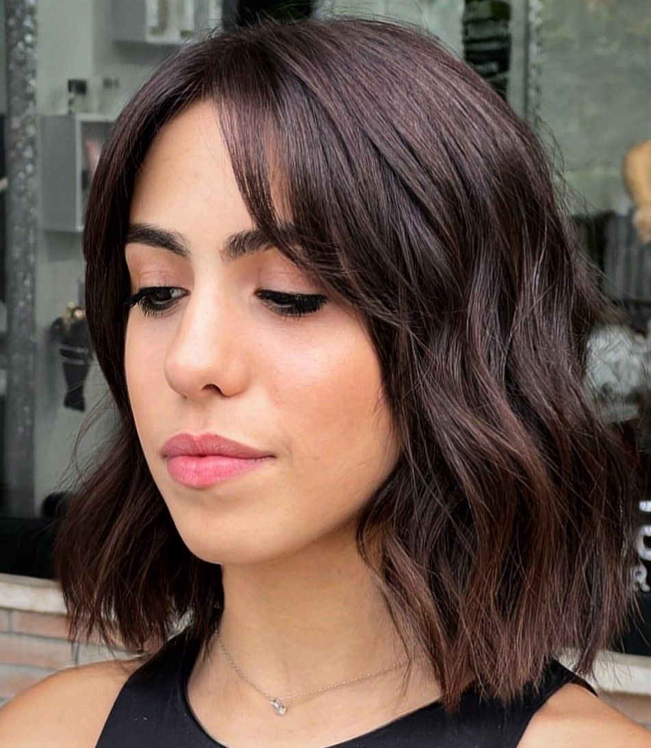 Dark Brown Collarbone Bob With Loose Waves Dark Brown Collarbone Bob With Loose Waves — Bob 2027 with Curtain Bangs