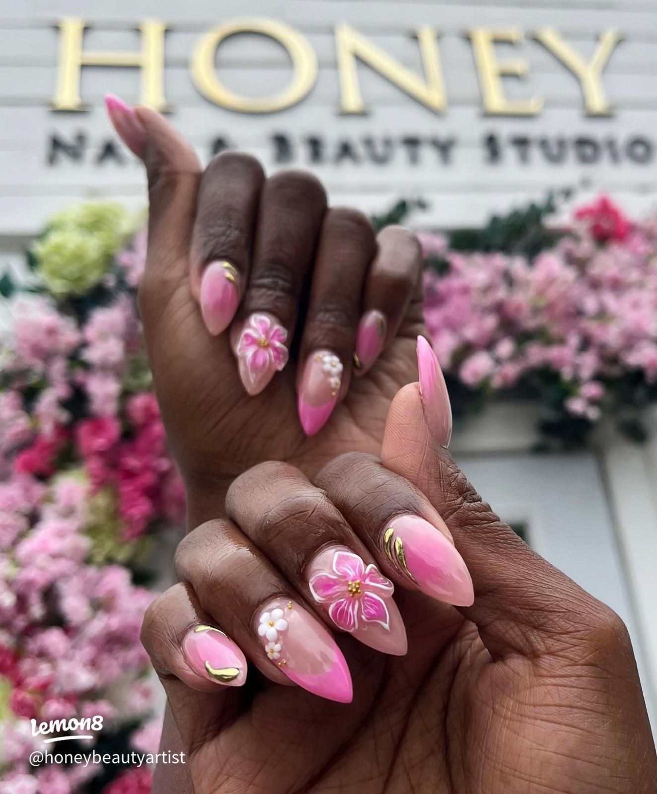 Vibrant 3D Floral Almonds with Gold Vibrant 3D Floral Almonds with Gold — Long Floral Nails 2027