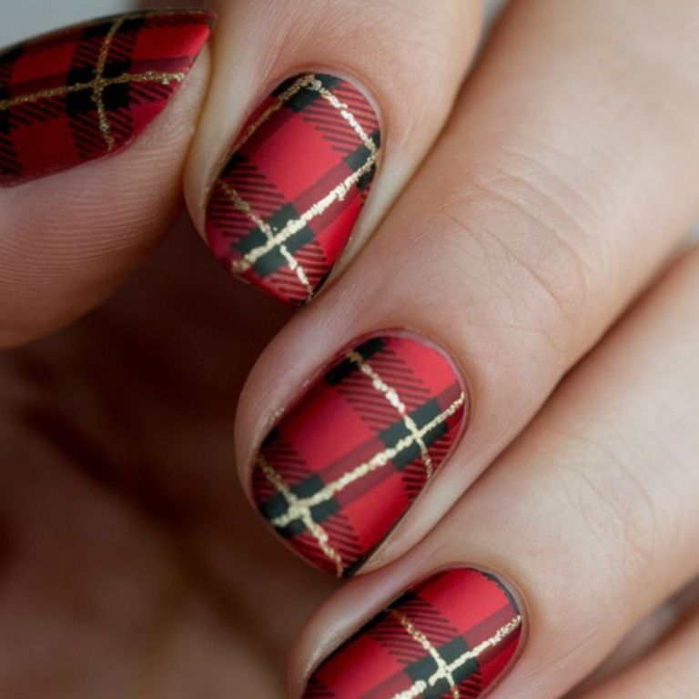 Matte Red Tartan with Gold Lines — Cozy Winter Nails 2027