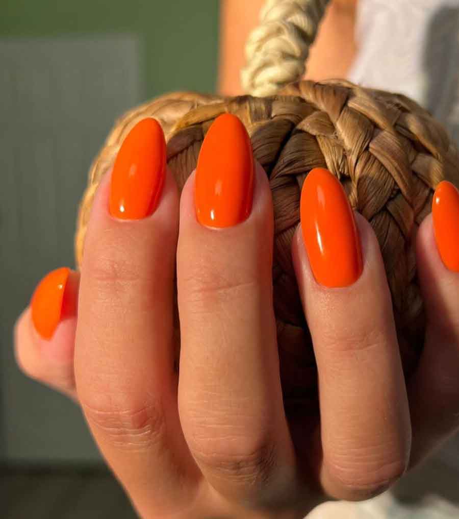 Vibrant Opaque Glossy Orange — Simple Thanksgiving Nails 2026