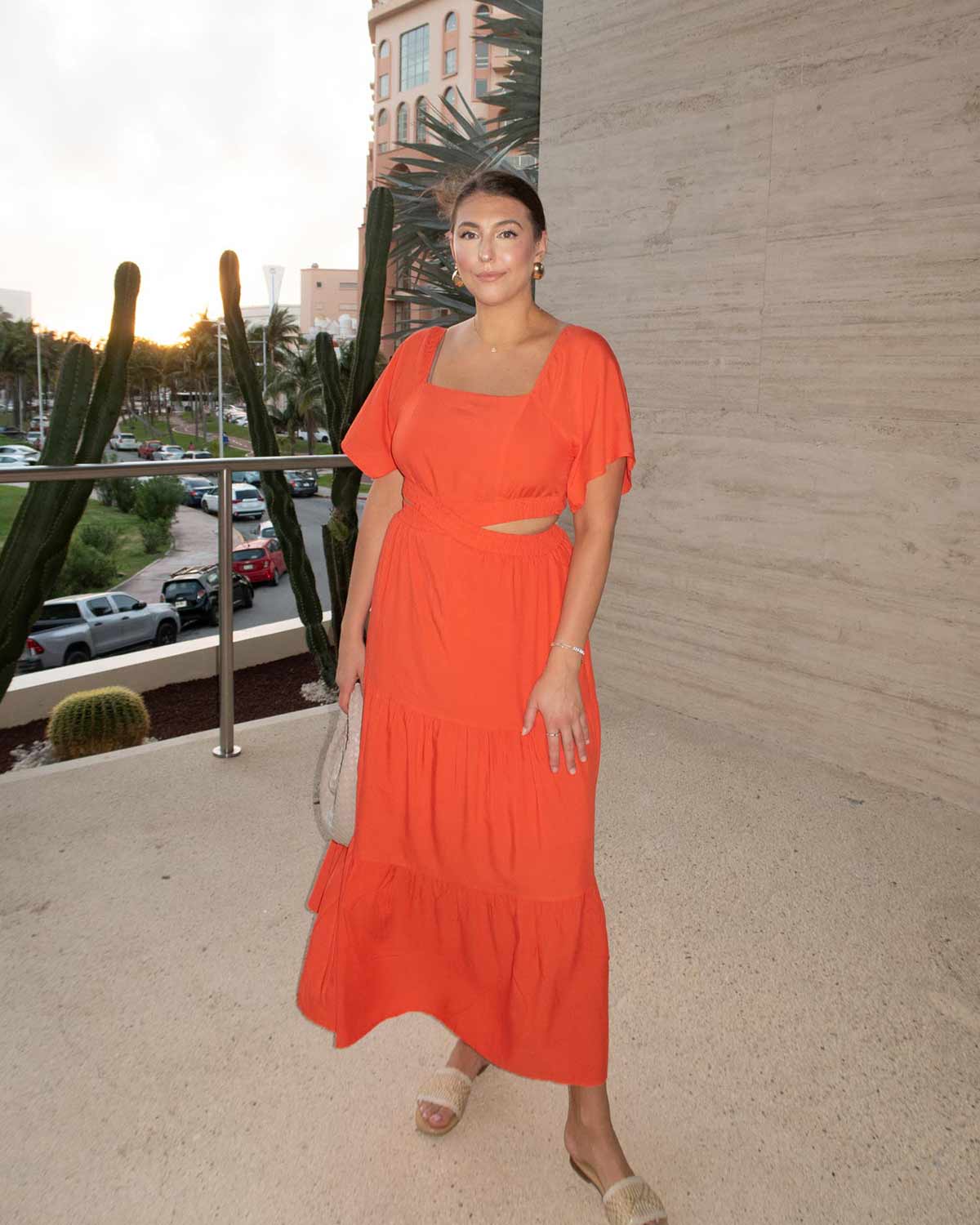 Flowy Orange Midi Dress for Resort Evenings — Cancun Outfits 2027