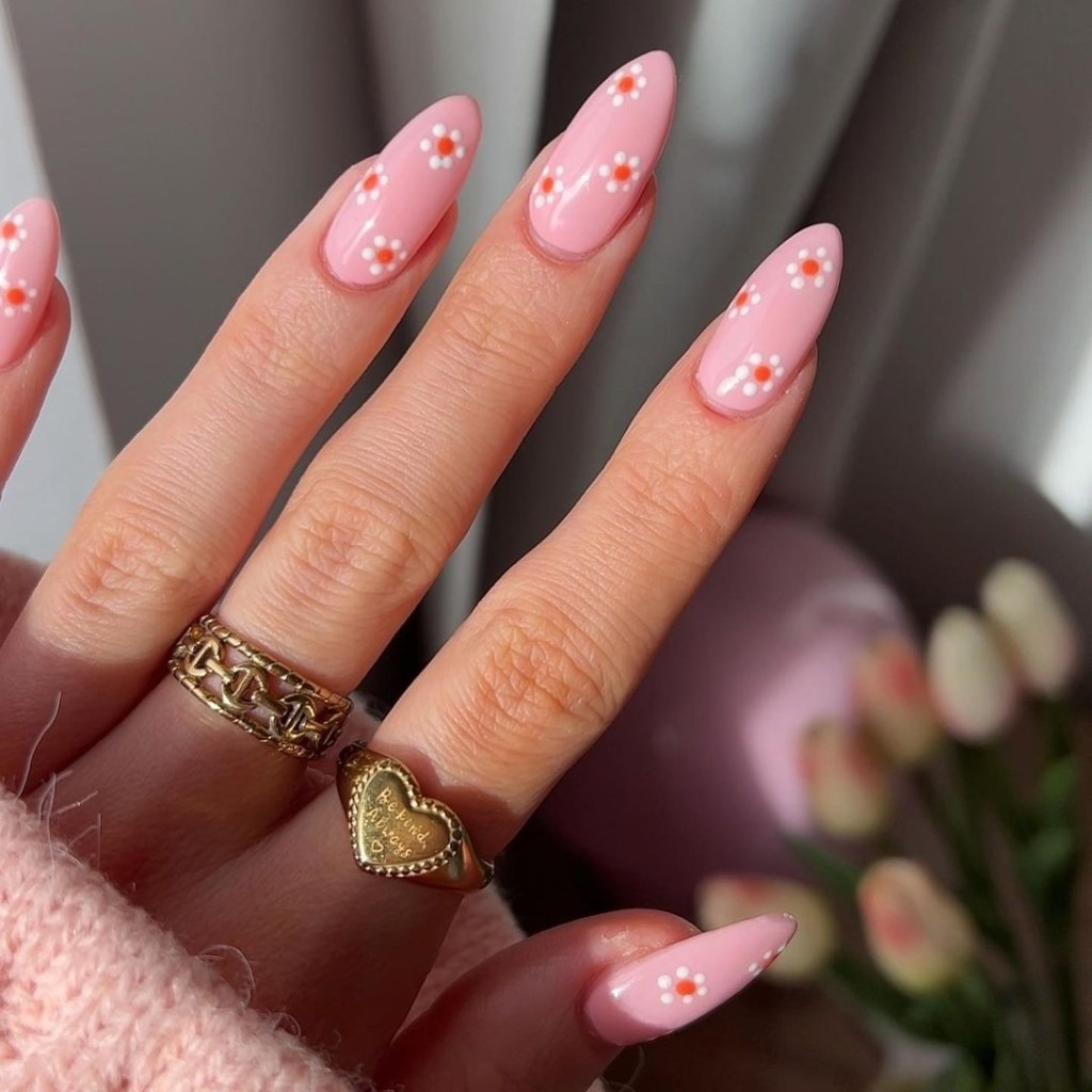 Light Pink Floral Scattered Almonds — Short Butterfly Almond Nails 2027