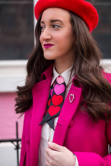 Vibrant Fuchsia Coat with Heart-Print Scarf and Beret Vibrant Fuchsia Coat with Heart-Print Scarf and Beret — Galentines Outfits 2027