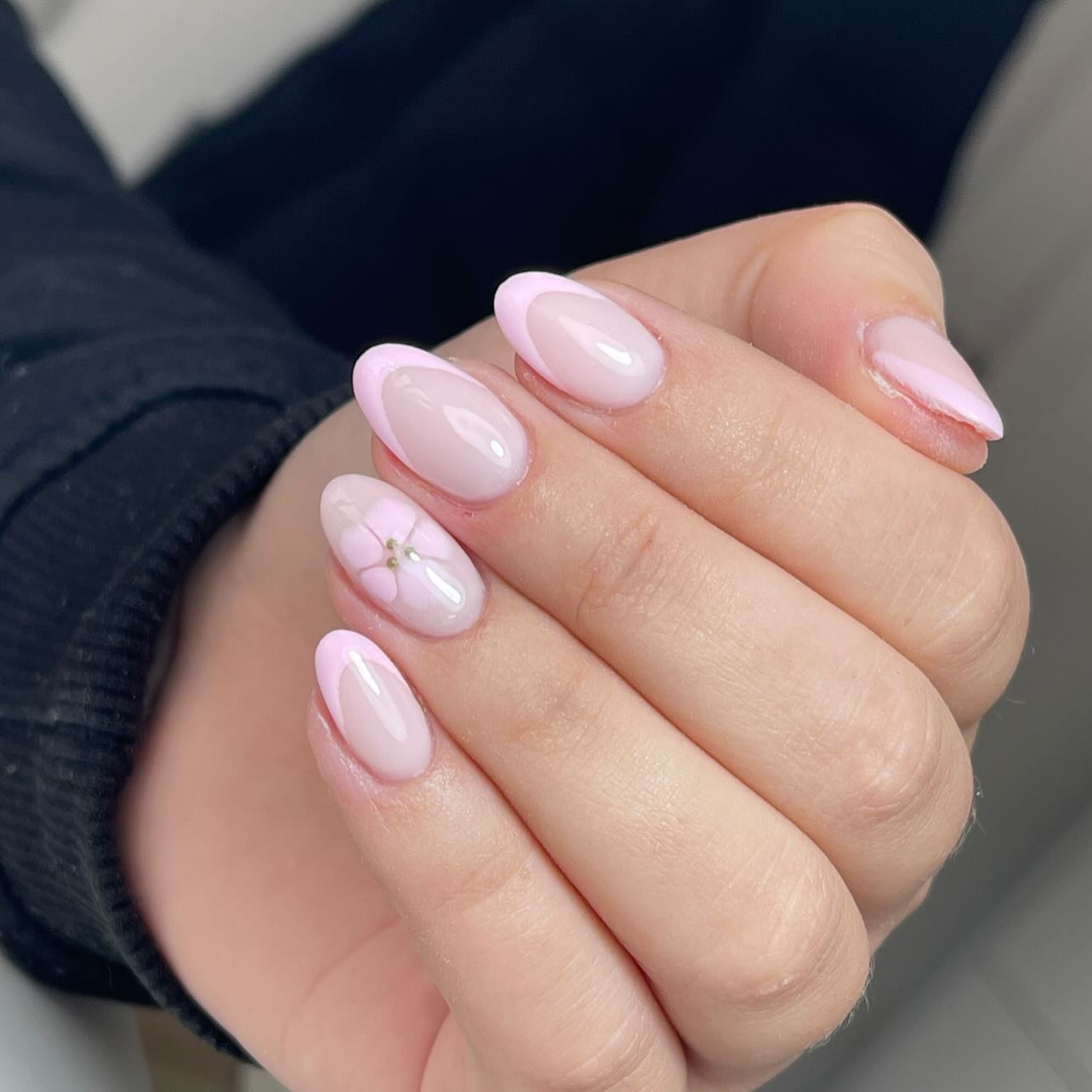 Sheer Pink French Floral Pearl Almonds Sheer Pink French Floral Pearl Almonds — Long Almond Pink Nails Ideas 2027