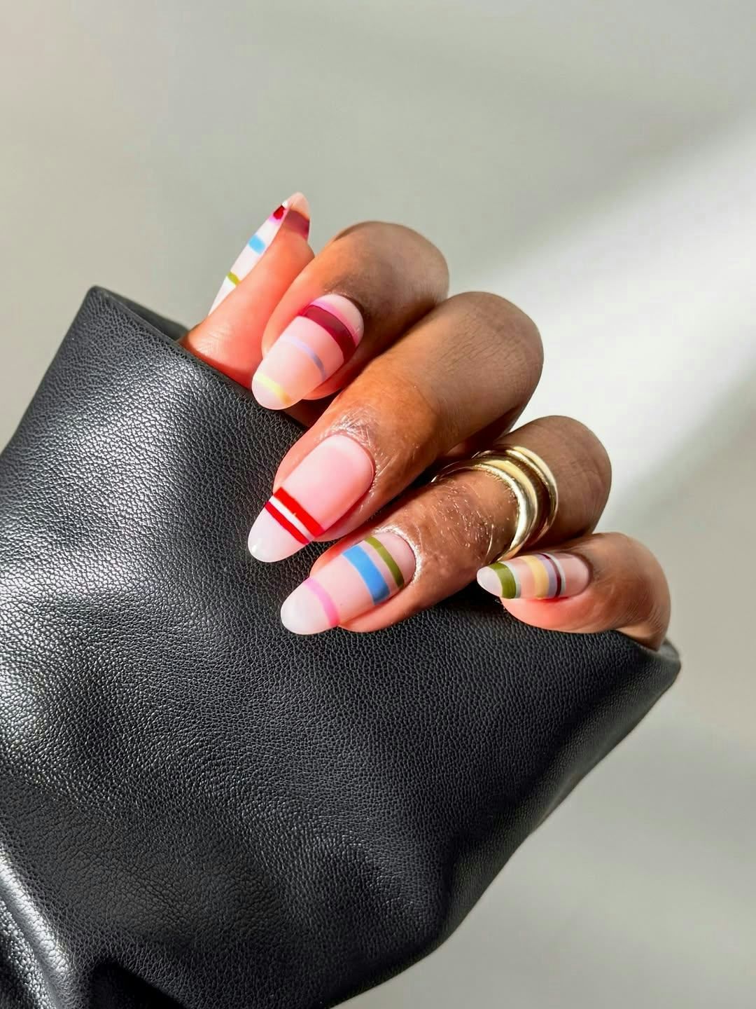 Medium Almond Matte with Vibrant Stripes Medium Almond Matte with Vibrant Stripes — Thin Line Nails 2027