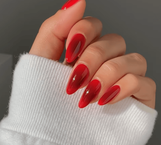 Deep Red Jelly Ombre Nails Deep Red Jelly Ombre Nails — Medium Length Winter Nails 2027