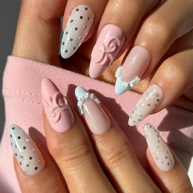 Mixed Design Almonds with 3D Bows and Polka Dots Mixed Design Almonds with 3D Bows and Polka Dots — Long Almond Nails 2027