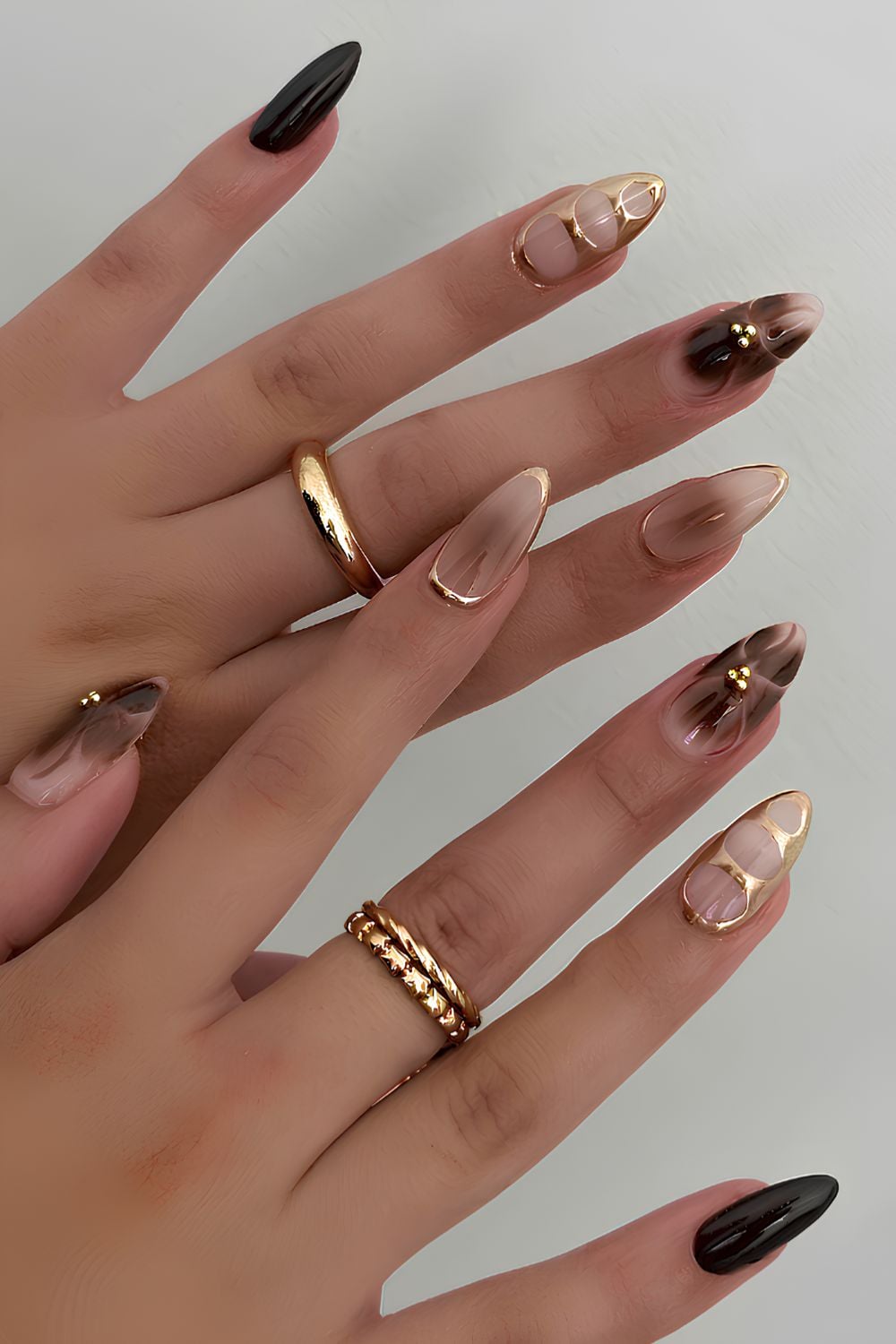 Ombre Brown to Nude Almond with Gold French Ombre Brown to Nude Almond with Gold French — Brown Nails 2027