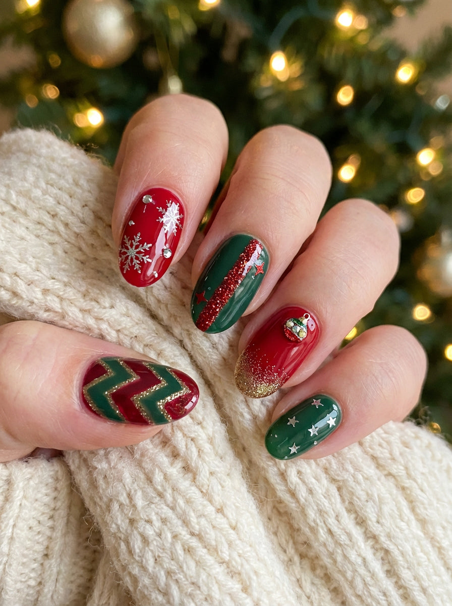 Deep Green Red Gold Glitter Visual Idea — Long Christmas Nails 2026