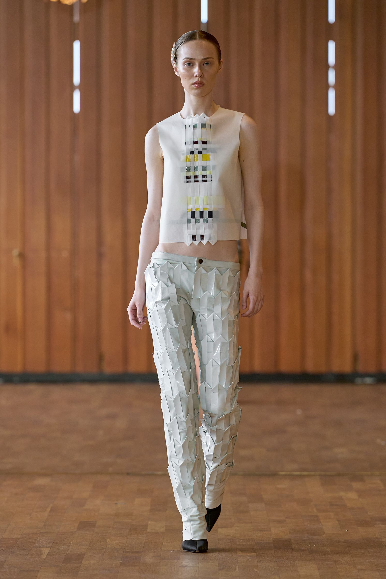 Geometric Pattern Top and Trousers with Black Heels Geometric Pattern Top and Trousers with Black Heels — Scandinavian Outfits 2027