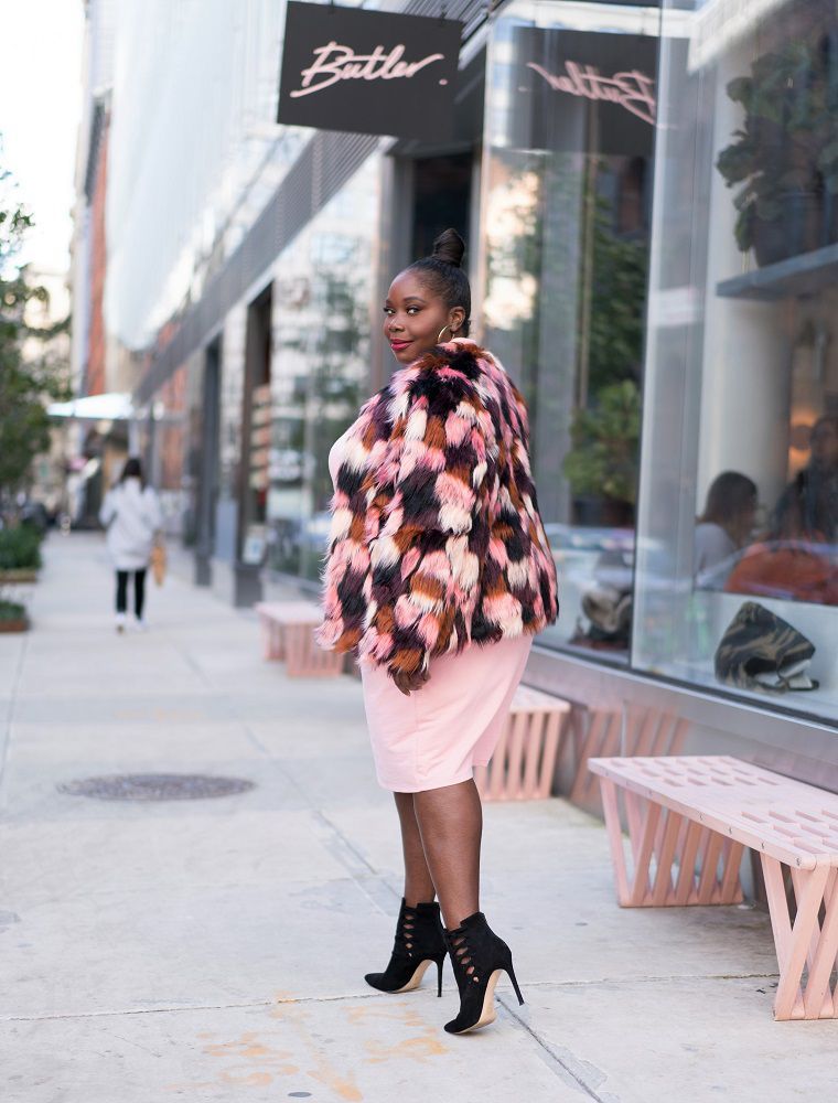 Pink Sheath Dress With Multi-Colored Faux Fur Jacket Pink Sheath Dress With Multi-Colored Faux Fur Jacket — Sweet 16 Guest Outfits 2027