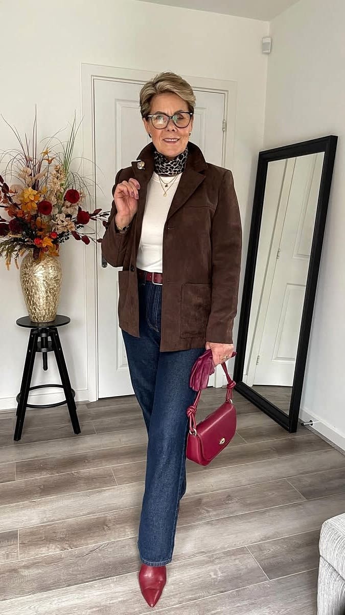 Suede-Like Blazer and Leopard Scarf: Smart Casual Sophistication — Outfits 2027 for Women Over 60