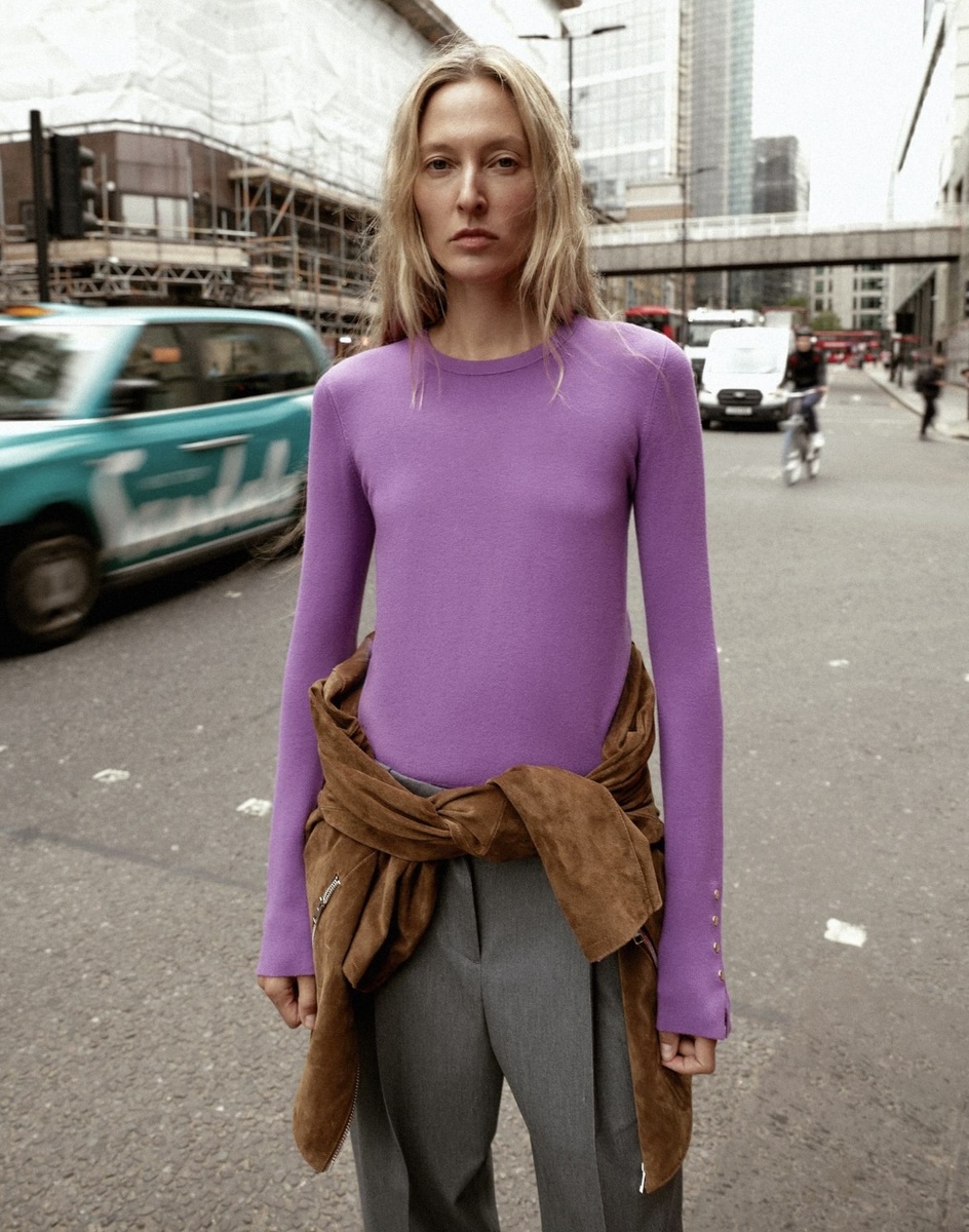 Vibrant Purple Top with Suede Jacket Detail Vibrant Purple Top with Suede Jacket Detail — Winter Colorful Outfits 2027