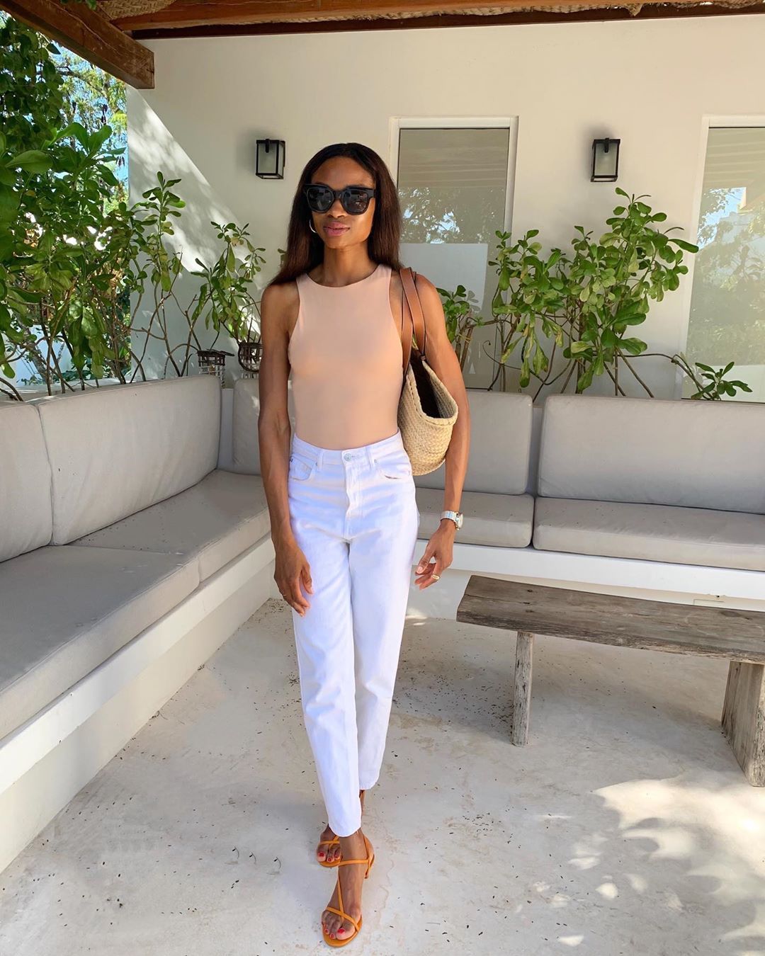 Playful Contrast: Peach Bodysuit and White Jeans Playful Contrast: Peach Bodysuit and White Jeans — Neutral Summer Outfits 2027