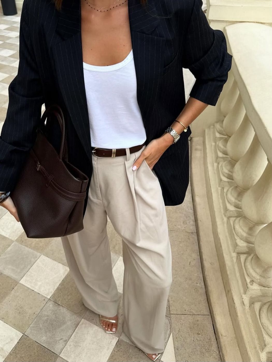 Oversized Navy Pinstripe Blazer Elevates Casual Trousers — Barcelona Outfits 2027