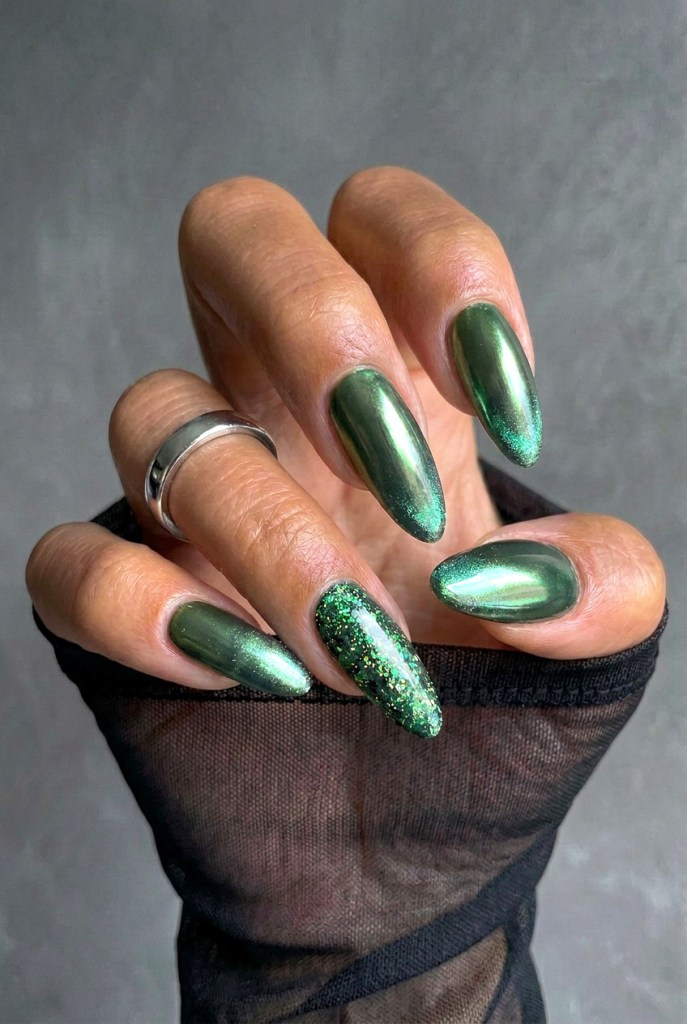 Metallic Green Chrome Almond French Tips Metallic Green Chrome Almond French Tips — Green Chrome Nails 2027