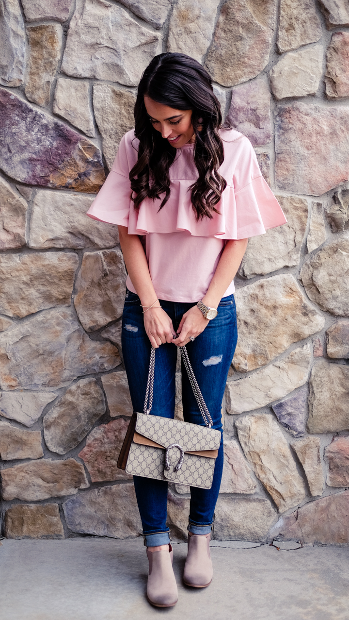 Light Pink Ruffled Top with Distressed Blue Jeans — Pink Valentines Outfits 2027