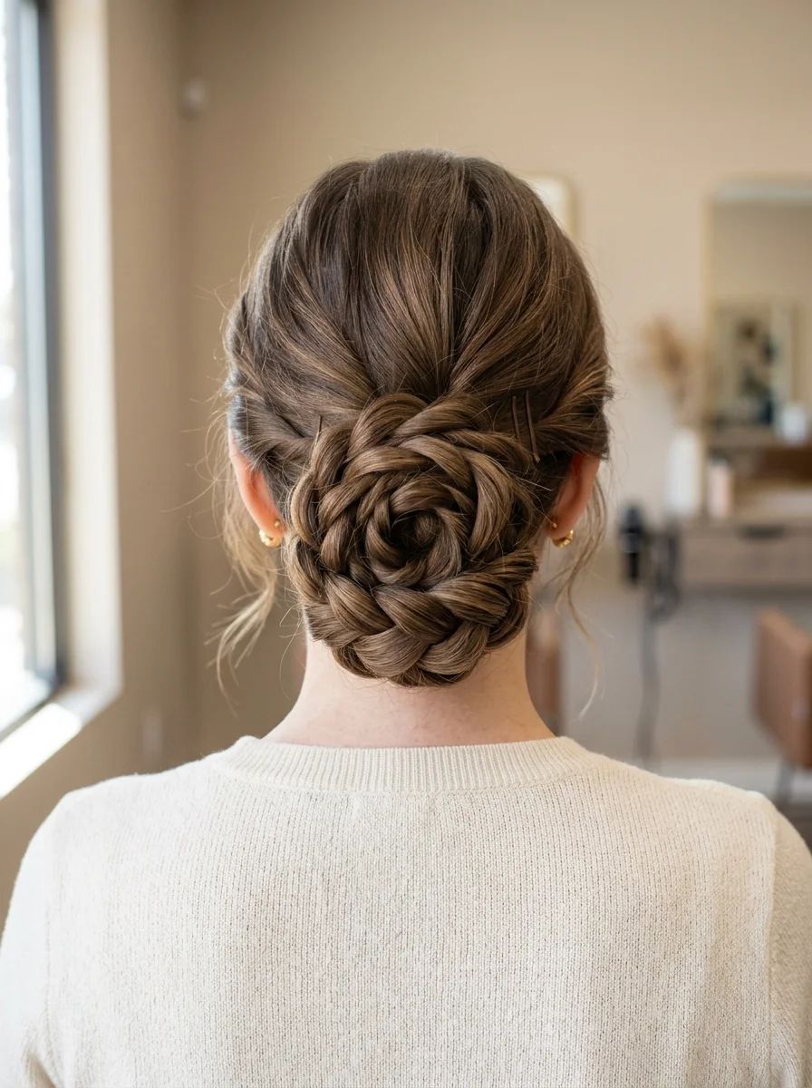 Rose-Shaped Braided Bun Medium Brown — Knotted Bun Hairstyles 2027