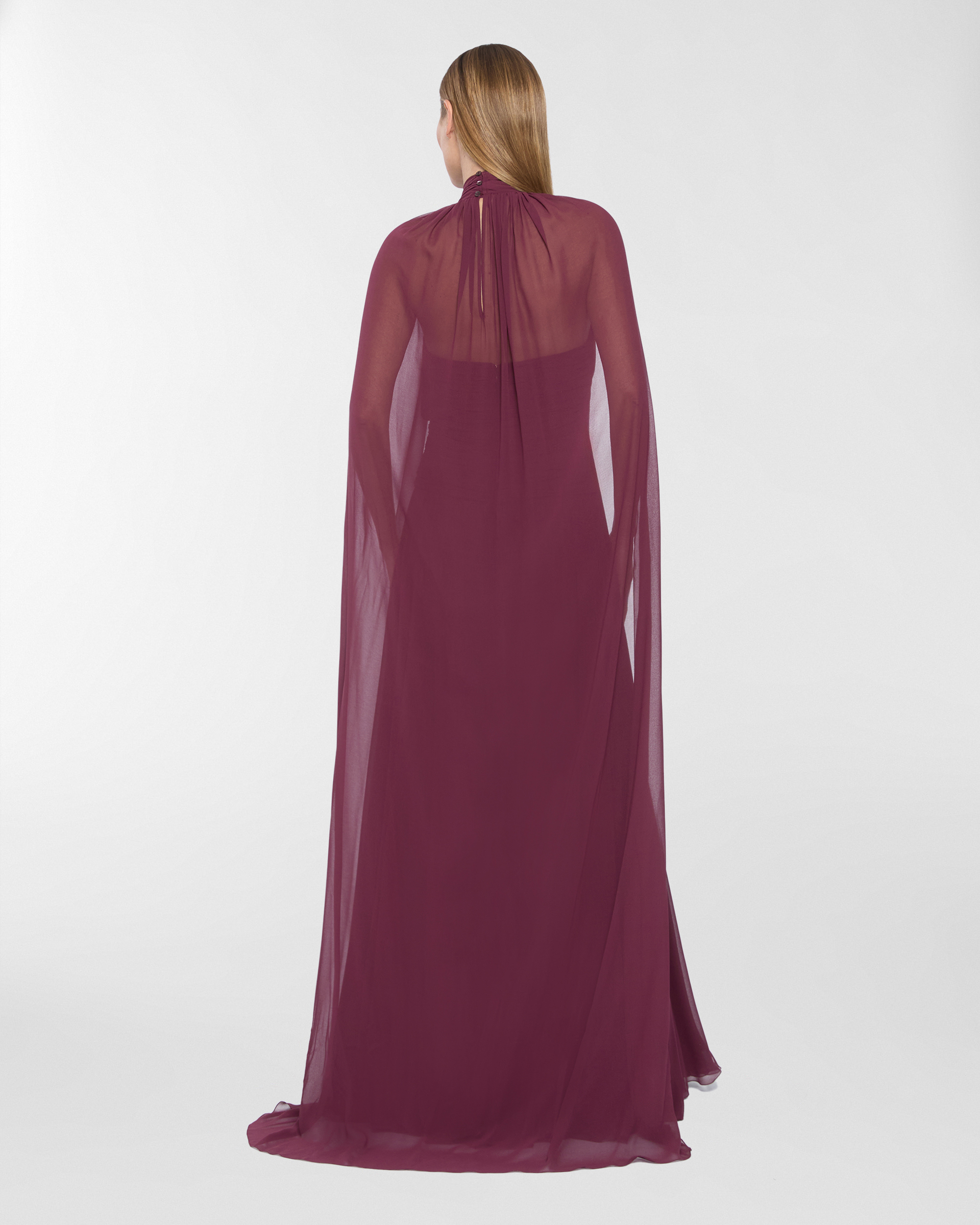 Burgundy Long Chiffon Gown with Dramatic Cape Burgundy Long Chiffon Gown with Dramatic Cape — Chiffon Dress Outfits 2027