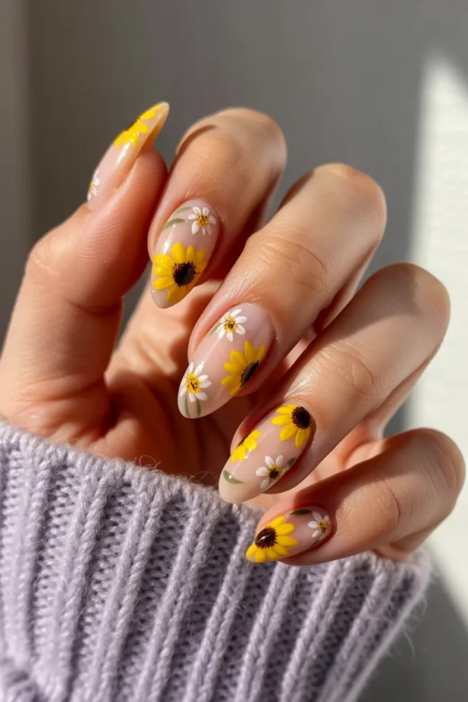 Sheer Nude Sunflower and Daisy Oval Nails Sheer Nude Sunflower and Daisy Oval Nails — Wildflower Flower Nails 2027